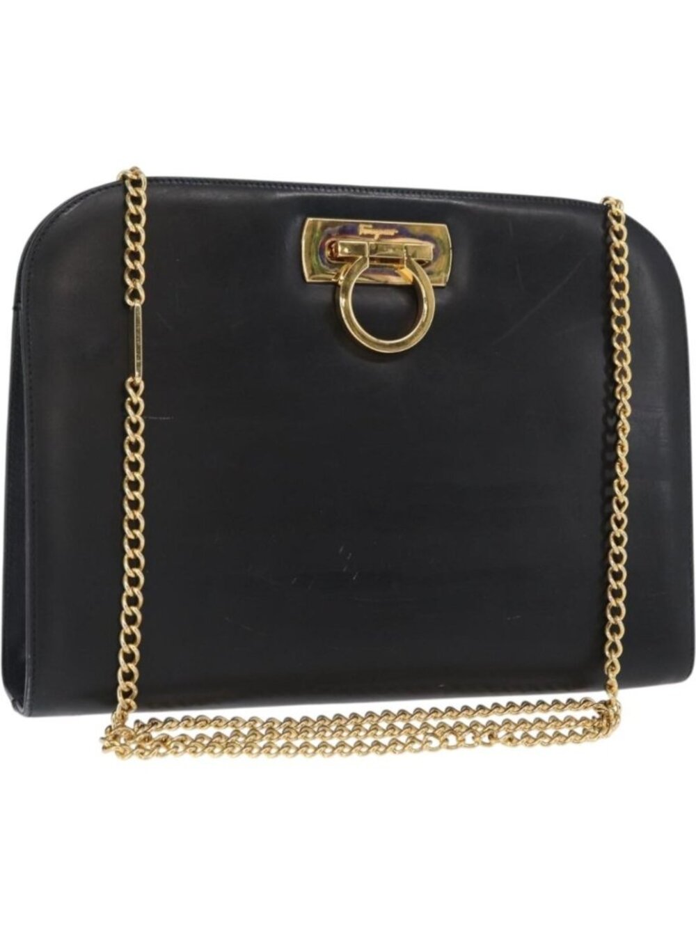 Salvatore Ferragamo Gancini Chain Shoulder Bag Leather Black Gold